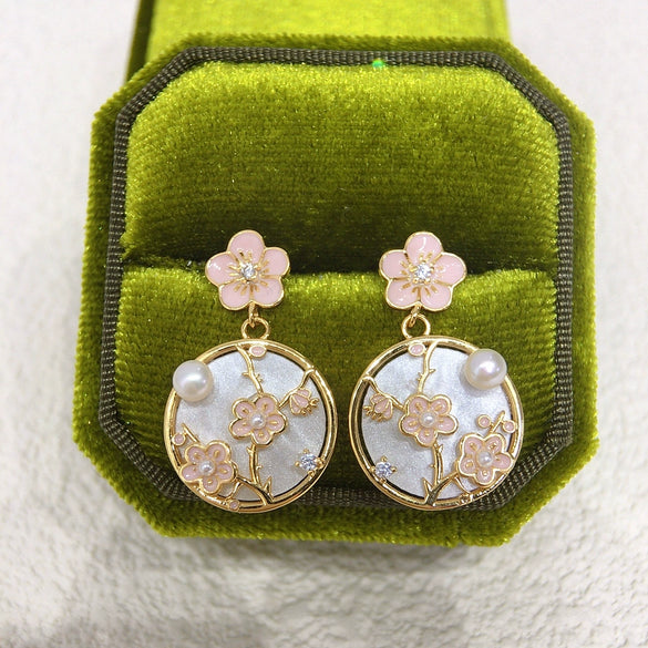 Women's Natural Freshwater Pearl Earrings With Baked Paint Peach Blossom Pattern S925 Sterling Silver Needle And Round Oblate Shape