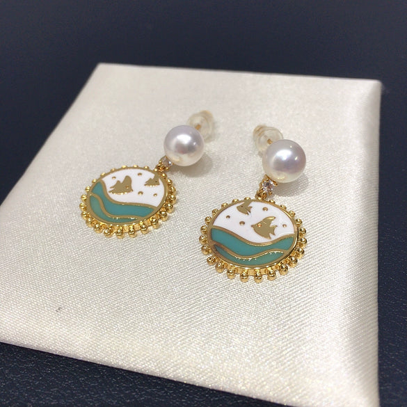 Women's Natural Freshwater Pearl Earrings With Cartoon Ocean Fish Enamel And Alloy Inlaid With Artificial Gemstones And Semiprecious Stones Oblate Shape