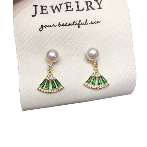 Women's Natural Freshwater Pearl Earrings With Fanshaped Green Zircon And Alloy Inlaid With Artificial And Semiprecious Gemstones Exquisite Retro Style