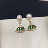 Women's Natural Freshwater Pearl Earrings With Fanshaped Green Zircon And Alloy Inlaid With Artificial And Semiprecious Gemstones Exquisite Retro Style