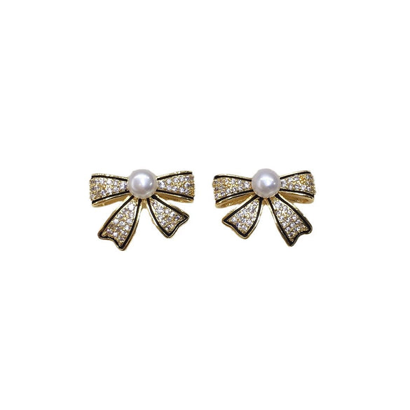 Women's Natural Freshwater Pearl Earrings With Microinlaid Zircon And Oil Bow Oblate Shape