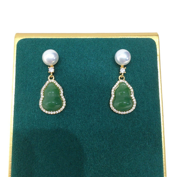 Women's Natural Freshwater Pearl Earrings With Micropaved Zircon And Chalcedony Gourd Design