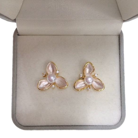 Women's Natural Freshwater Pearl Earrings With Painted Threepetal Flower Design 18K Goldfilled Colorpreserving
