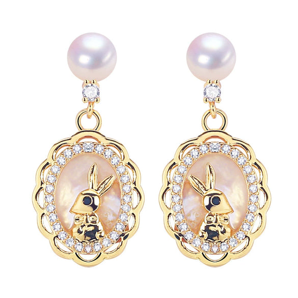 Women's Natural Freshwater Pearl Earrings With S925 Sterling Silver Needle And Sea Shell Bunny Design Oblate Shape