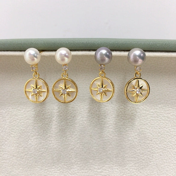 Women's Natural Freshwater Pearl Earrings With S925 Sterling Silver Needle Seashell Sixpointed Star Design Oblate Shape