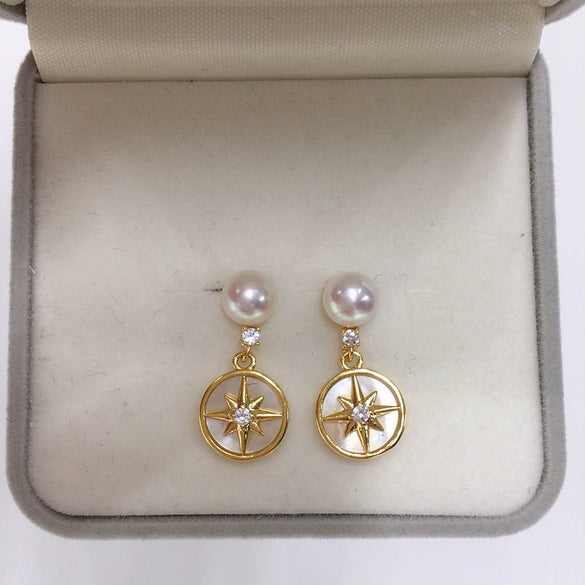 Women's Natural Freshwater Pearl Earrings With S925 Sterling Silver Needle Seashell Sixpointed Star Design Oblate Shape