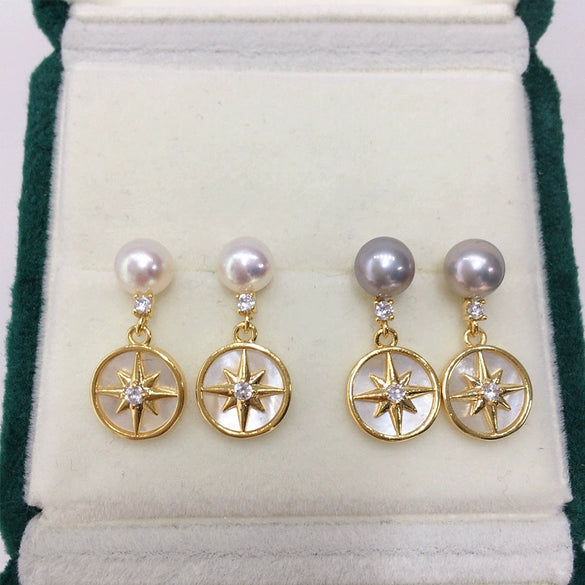 Women's Natural Freshwater Pearl Earrings With S925 Sterling Silver Needle Seashell Sixpointed Star Design Oblate Shape