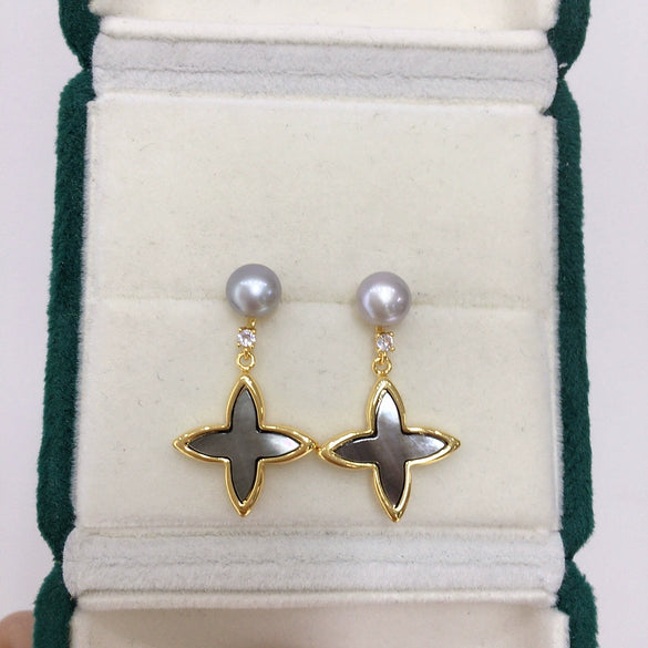 Women's Natural Freshwater Pearl Earrings With Sea Shell And Cross Stars S925 Sterling Silver Oblate And Round Shape