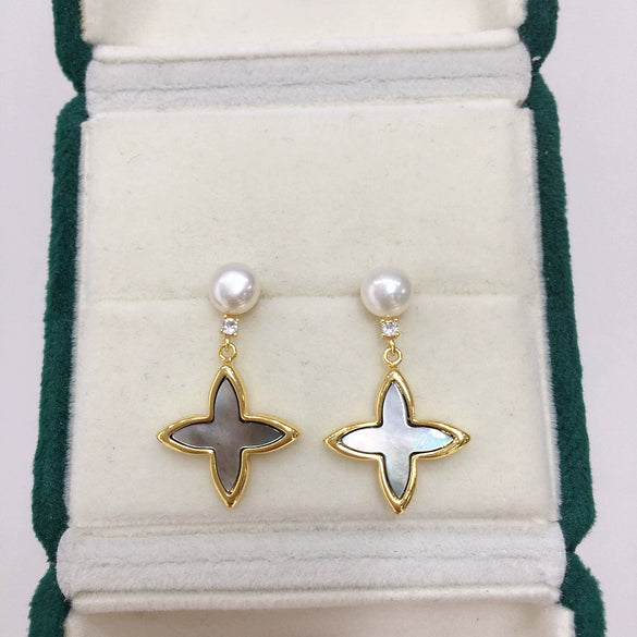 Women's Natural Freshwater Pearl Earrings With Sea Shell And Cross Stars S925 Sterling Silver Oblate And Round Shape
