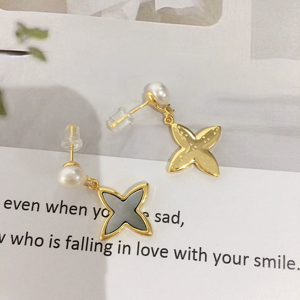 Women's Natural Freshwater Pearl Earrings With Sea Shell And Cross Stars S925 Sterling Silver Oblate And Round Shape