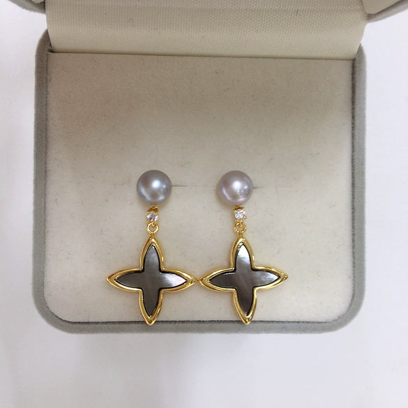 Women's Natural Freshwater Pearl Earrings With Sea Shell And Cross Stars S925 Sterling Silver Oblate And Round Shape