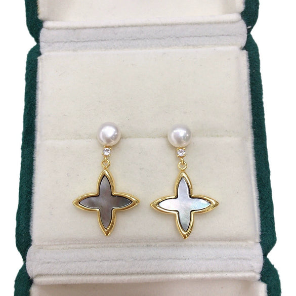 Women's Natural Freshwater Pearl Earrings With Sea Shell And Cross Stars S925 Sterling Silver Oblate And Round Shape