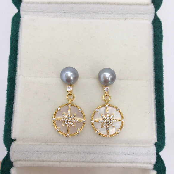 Women's Natural Freshwater Pearl Earrings With Sixpointed Star Micropaved Zircon And Oblate Pearl Shape