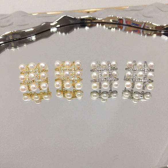 Women's Natural Freshwater Pearl Earrings With Square Micro Zircon Beads And S925 Sterling Silver Fashion Style