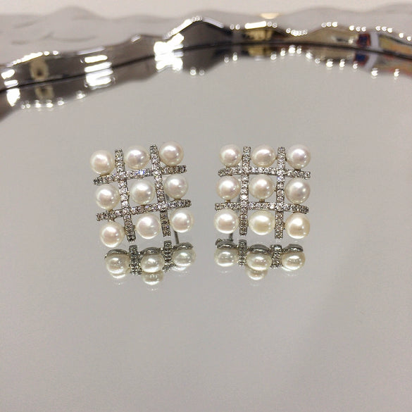 Women's Natural Freshwater Pearl Earrings With Square Micro Zircon Beads And S925 Sterling Silver Fashion Style