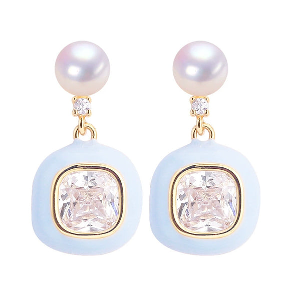 Women's Natural Freshwater Pearl Earrings With Sugar Cube Light Blue Zircon In 18K Goldfilled S925 Sterling Silver Oblate Shape