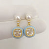 Women's Natural Freshwater Pearl Earrings With Sugar Cube Light Blue Zircon In 18K Goldfilled S925 Sterling Silver Oblate Shape