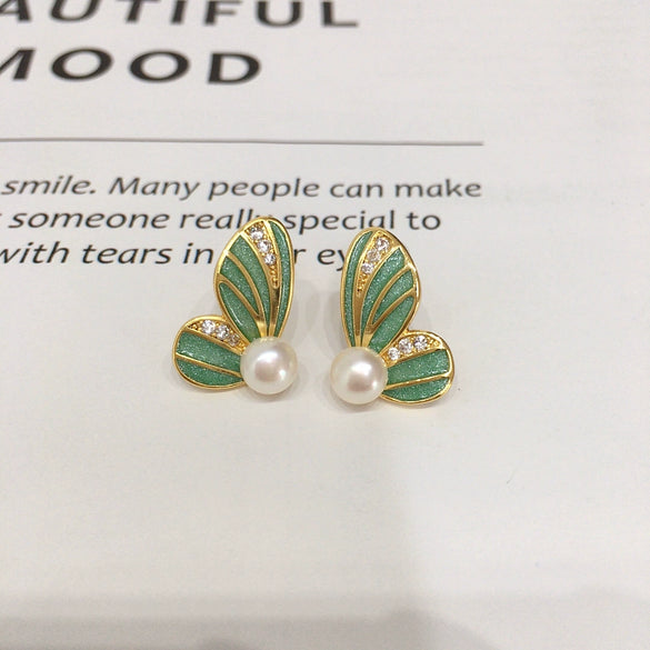 Women's Natural Freshwater Pearl Enamel Butterfly Earrings