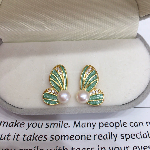 Women's Natural Freshwater Pearl Enamel Butterfly Earrings