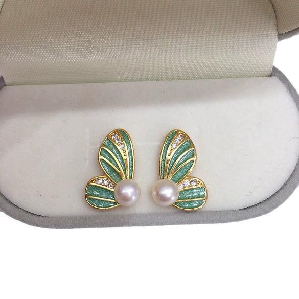 Women's Natural Freshwater Pearl Enamel Butterfly Earrings