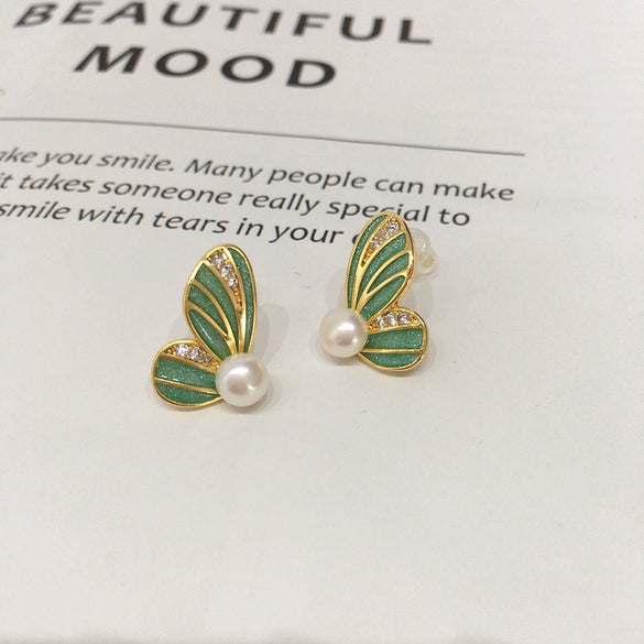 Women's Natural Freshwater Pearl Enamel Butterfly Earrings