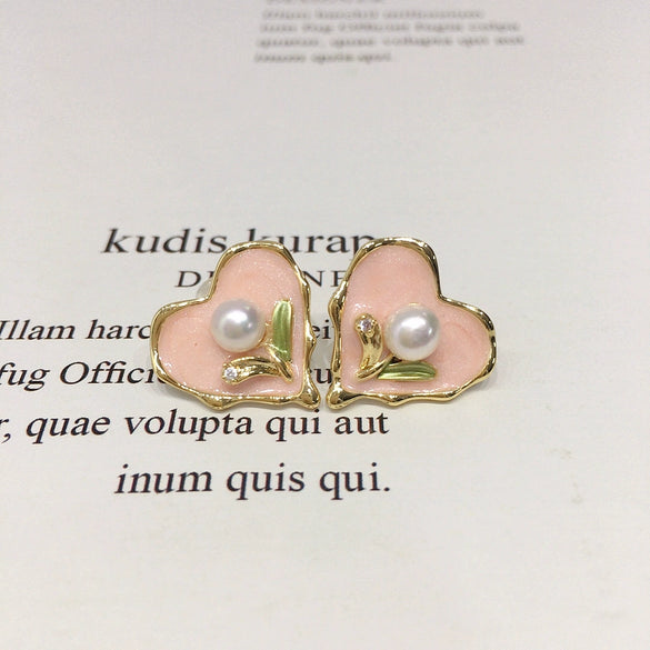 Women's Natural Freshwater Pearl Enamel Pink Love Heartshaped Earrings