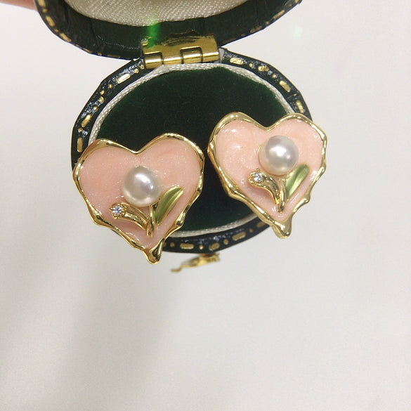 Women's Natural Freshwater Pearl Enamel Pink Love Heartshaped Earrings