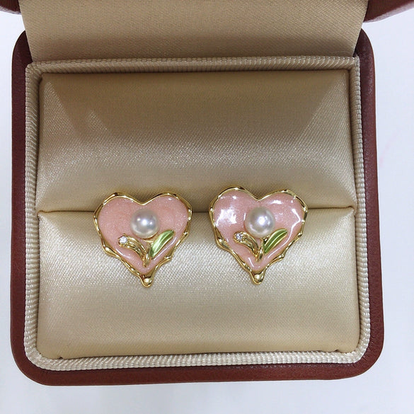 Women's Natural Freshwater Pearl Enamel Pink Love Heartshaped Earrings
