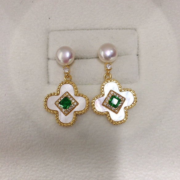 Women's Natural Freshwater Pearl Fourleaf Clover Oblate Earrings With 18K Real Gold Plating