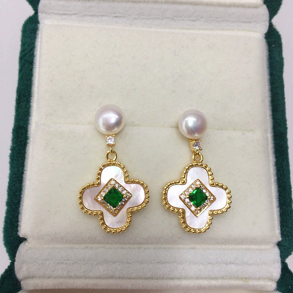 Women's Natural Freshwater Pearl Fourleaf Clover Oblate Earrings With 18K Real Gold Plating