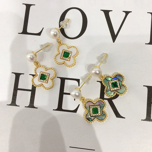 Women's Natural Freshwater Pearl Fourleaf Clover Oblate Earrings With 18K Real Gold Plating