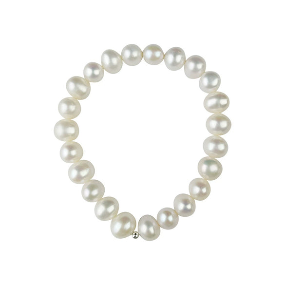 Women's Natural Freshwater Pearl Nearly Round Elastic Bracelet With Silverplated Beads And Highend Design