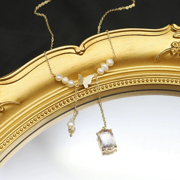 Women's Natural Freshwater Pearl Necklace With Geometric Pearl Chain Retro Clavicle Necklace Electroplated Non Fading Jewelry