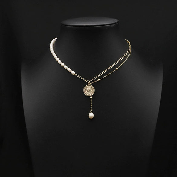 Women's Natural Freshwater Pearl Necklace With Geometric Pearl Chain Retro Clavicle Necklace Electroplated Non Fading Jewelry
