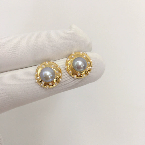 Women's Natural Freshwater Pearl Oblate Round Earrings 18K Goldfilled