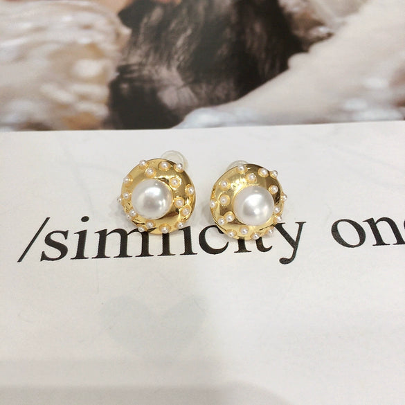 Women's Natural Freshwater Pearl Oblate Round Earrings 18K Goldfilled