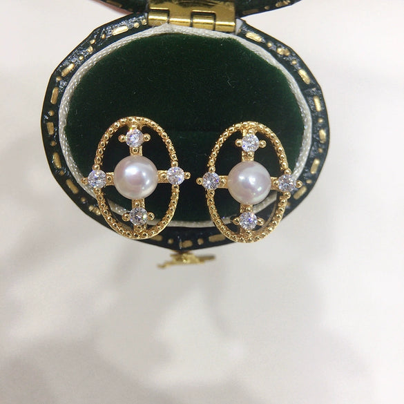Women's Natural Freshwater Pearl Oval Hollow Vintage Earrings
