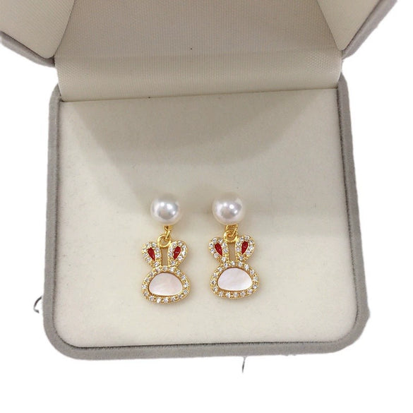 Women's Natural Freshwater Pearl Rabbit Earrings With S925 Sterling Silver And 18K Goldfilled And Motherofpearl