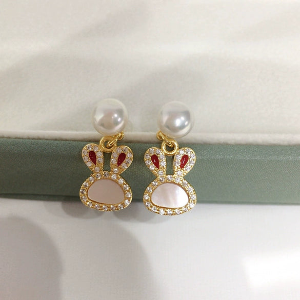 Women's Natural Freshwater Pearl Rabbit Earrings With S925 Sterling Silver And 18K Goldfilled And Motherofpearl