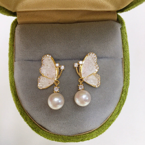 Women's Natural Freshwater Pearl S925 Sterling Silver Earrings With Butterfly Design And Oblate Shape