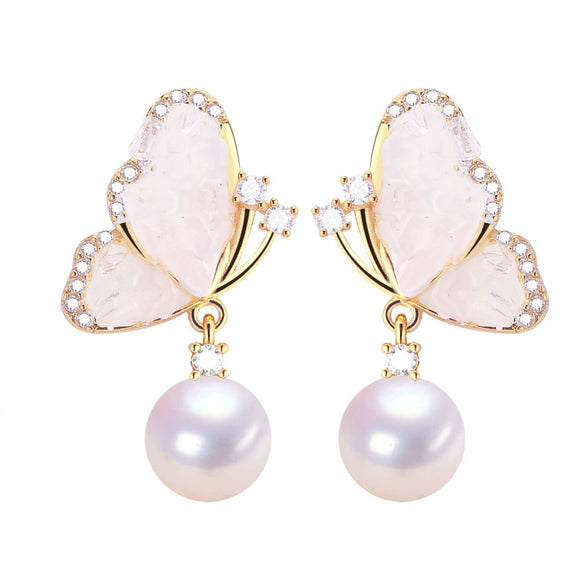 Women's Natural Freshwater Pearl S925 Sterling Silver Earrings With Butterfly Design And Oblate Shape