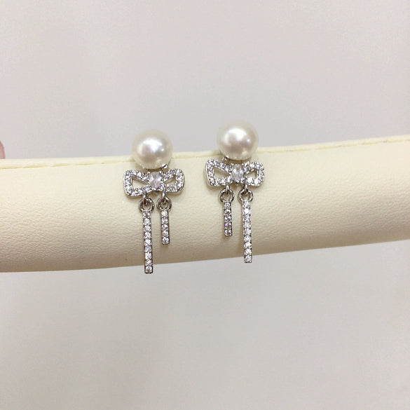 Women's Natural Freshwater Pearl S925 Sterling Silver Earrings With Microinlaid Zircon Bow Tassel And Oblate Shape