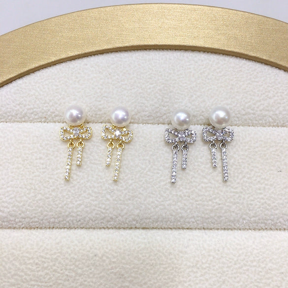 Women's Natural Freshwater Pearl S925 Sterling Silver Earrings With Microinlaid Zircon Bow Tassel And Oblate Shape