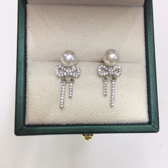 Women's Natural Freshwater Pearl S925 Sterling Silver Earrings With Microinlaid Zircon Bow Tassel And Oblate Shape