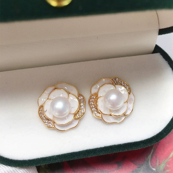 Women's Natural Freshwater Pearl S925 Sterling Silver Elegant Glaze Camellia Earrings