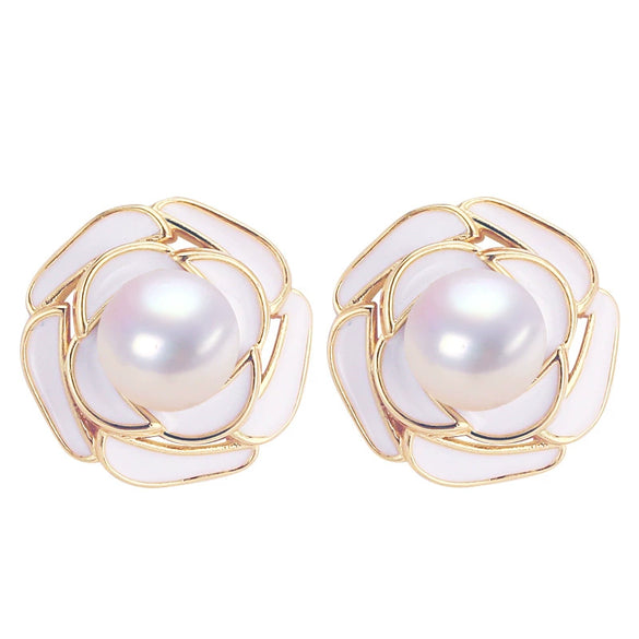 Women's Natural Freshwater Pearl S925 Sterling Silver Elegant Glaze Camellia Earrings