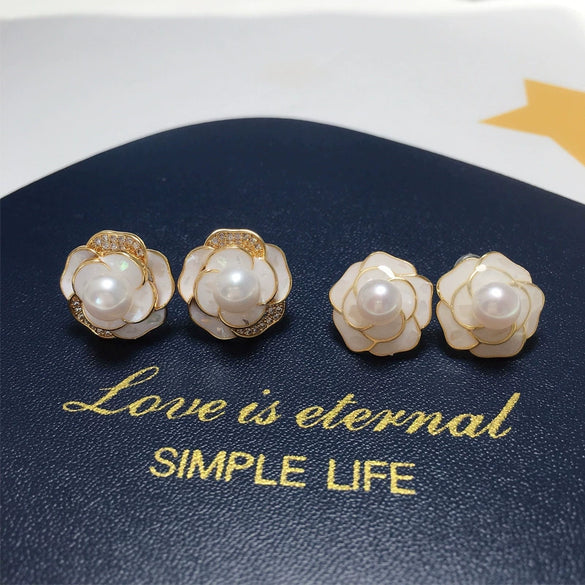 Women's Natural Freshwater Pearl S925 Sterling Silver Elegant Glaze Camellia Earrings