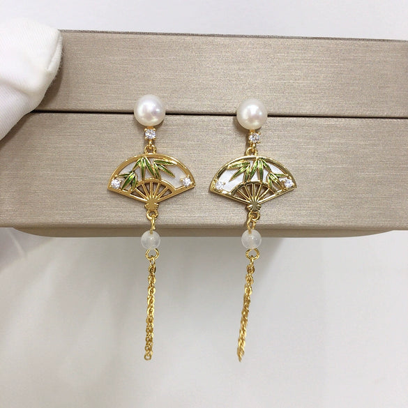 Women's Natural Freshwater Pearl S925 Sterling Silver Fanshaped Bamboo Leaf Tassel Earrings
