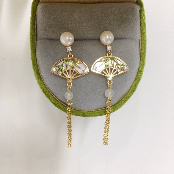 Women's Natural Freshwater Pearl S925 Sterling Silver Fanshaped Bamboo Leaf Tassel Earrings