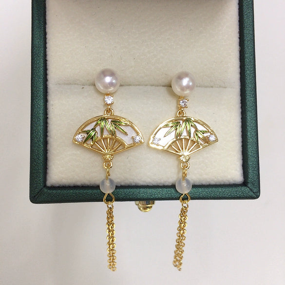 Women's Natural Freshwater Pearl S925 Sterling Silver Fanshaped Bamboo Leaf Tassel Earrings